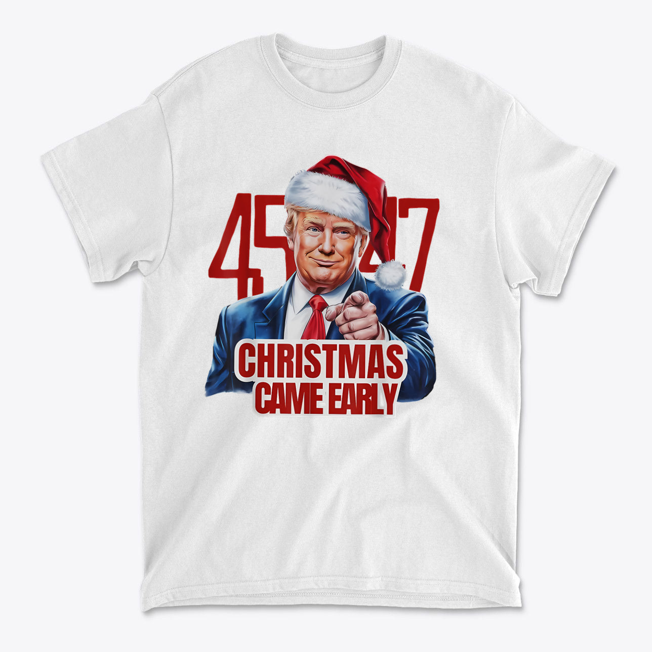 Christmas Came Early 45 47 Gear featuring a graphic t-shirt with a smiling figure wearing a Santa hat.