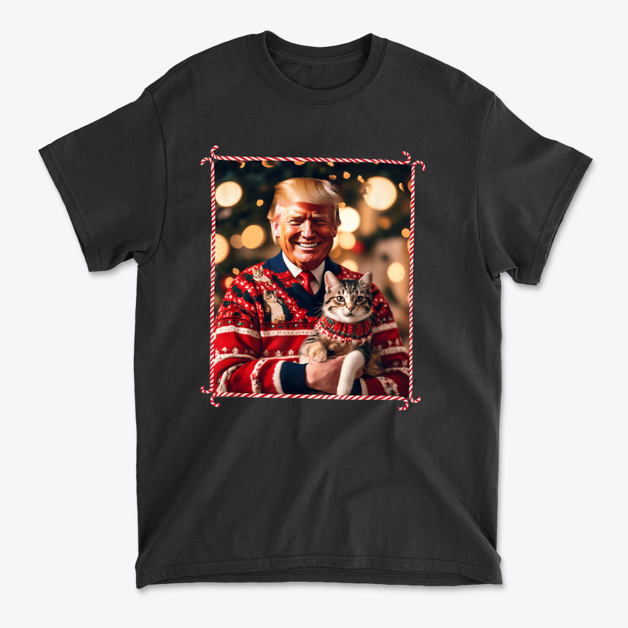 Trump Christmas Sweater For Cat Lovers featuring a happy man in a festive sweater holding a cat.