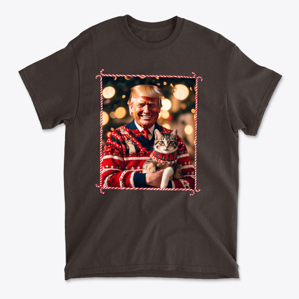Trump Christmas Sweater For Cat Lovers featuring a smiling man in a Christmas sweater holding a cat.