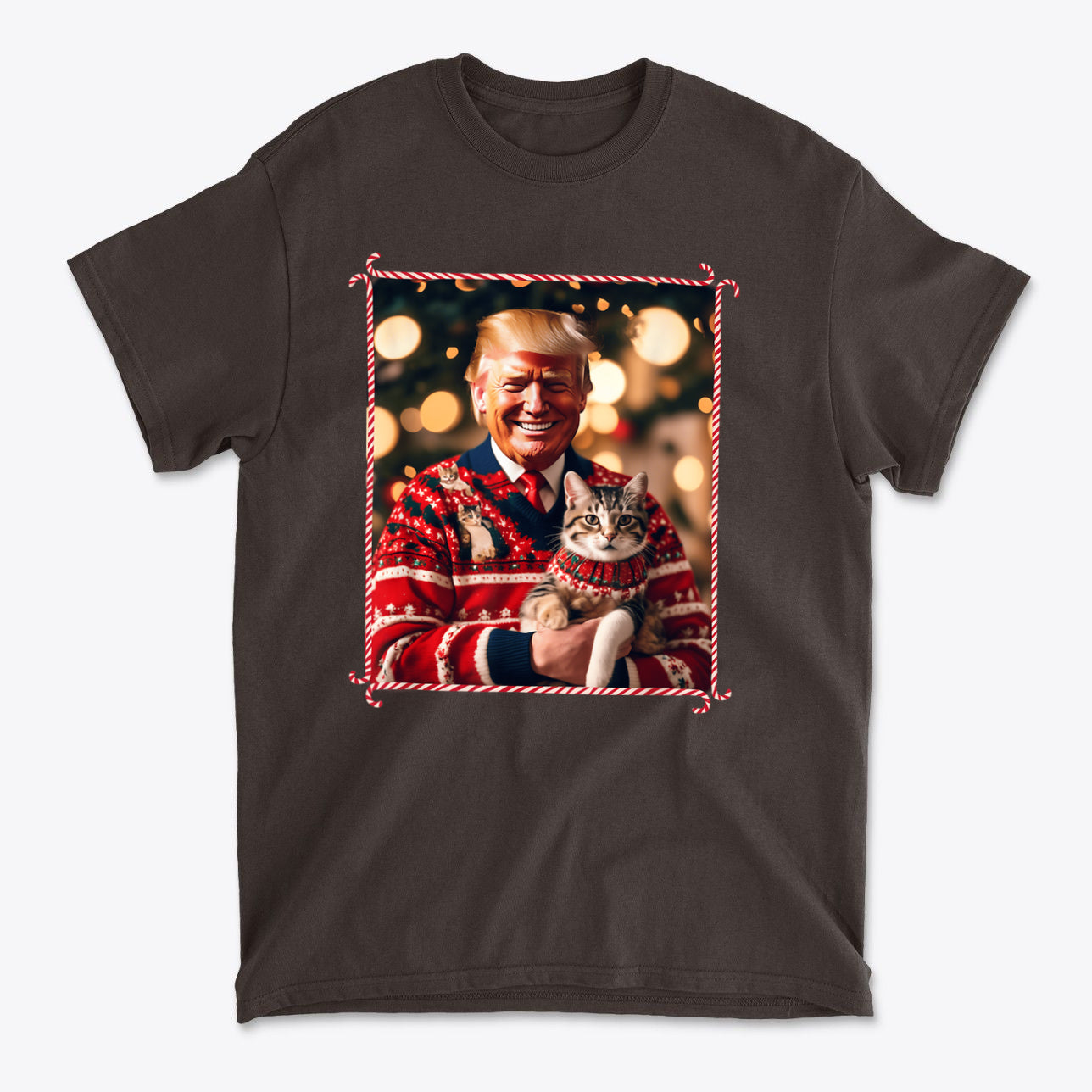 Trump Christmas Sweater For Cat Lovers featuring a smiling man in a Christmas sweater holding a cat.