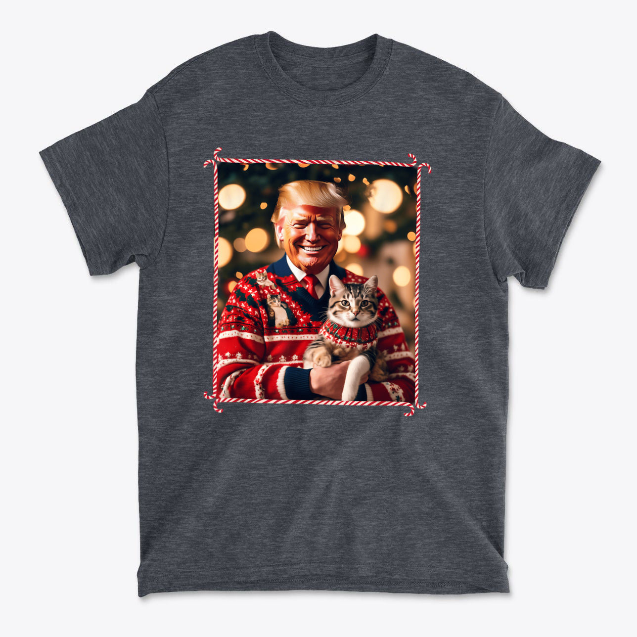 Trump Christmas Sweater For Cat Lovers featuring a smiling man in a festive sweater holding a cat.