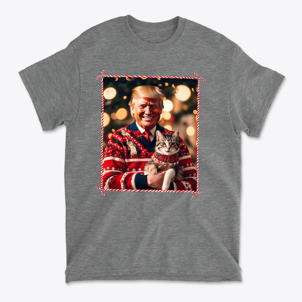 Trump Christmas Sweater For Cat Lovers featuring a smiling man holding a cat in front of festive decorations.