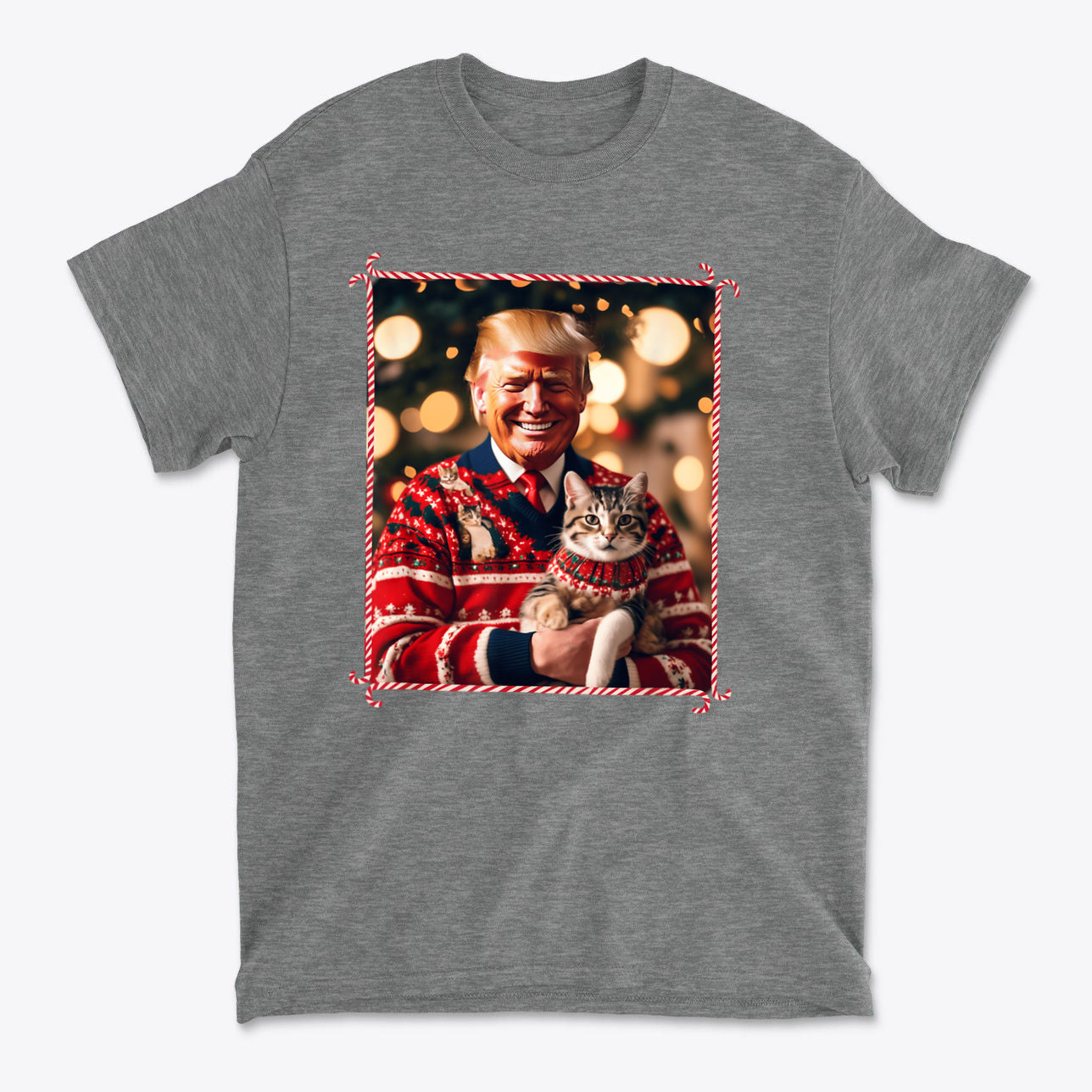 Trump Christmas Sweater For Cat Lovers featuring a smiling man holding a cat in front of festive decorations.