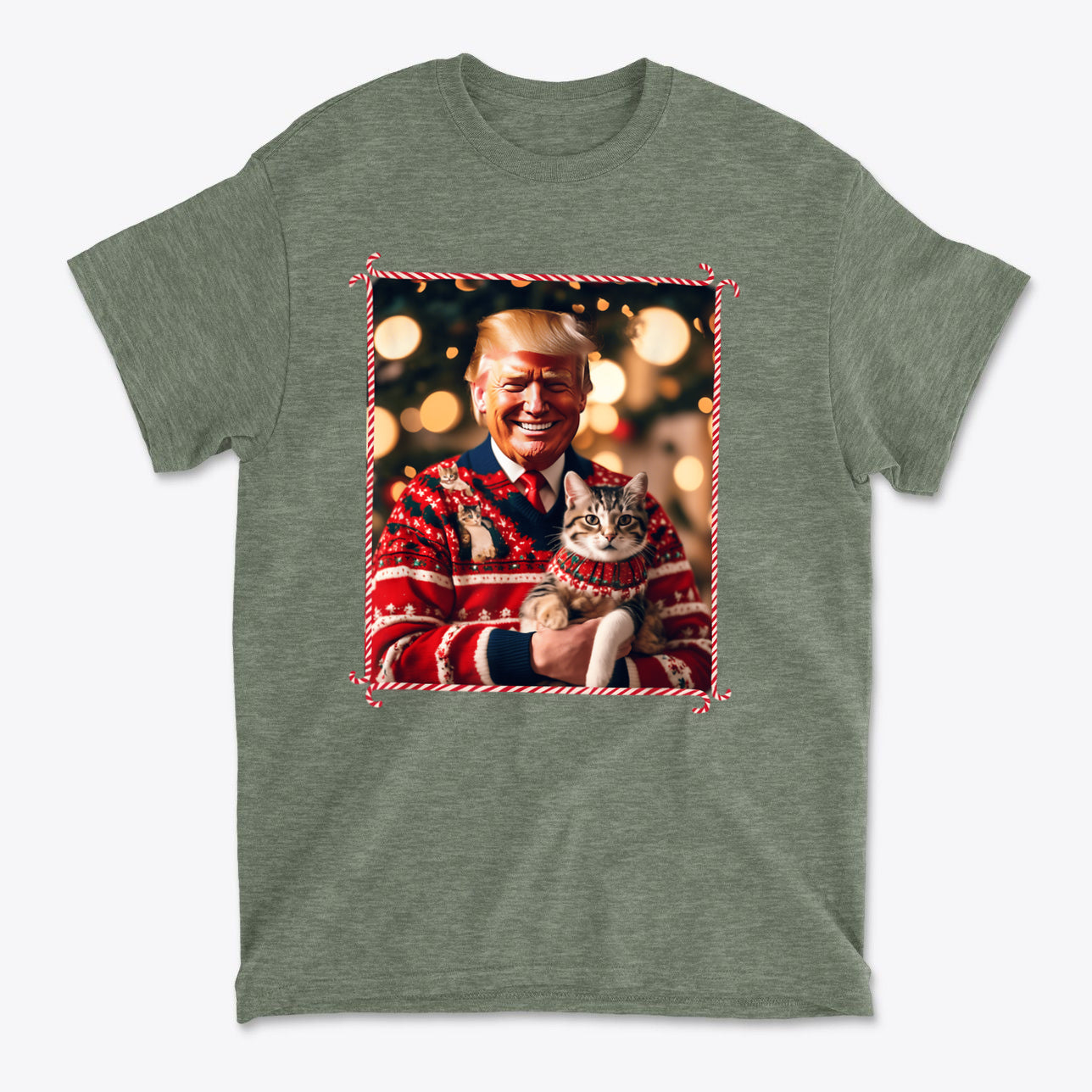 Trump Christmas Sweater For Cat Lovers featuring a smiling man holding a cat, festive background with holiday lights.
