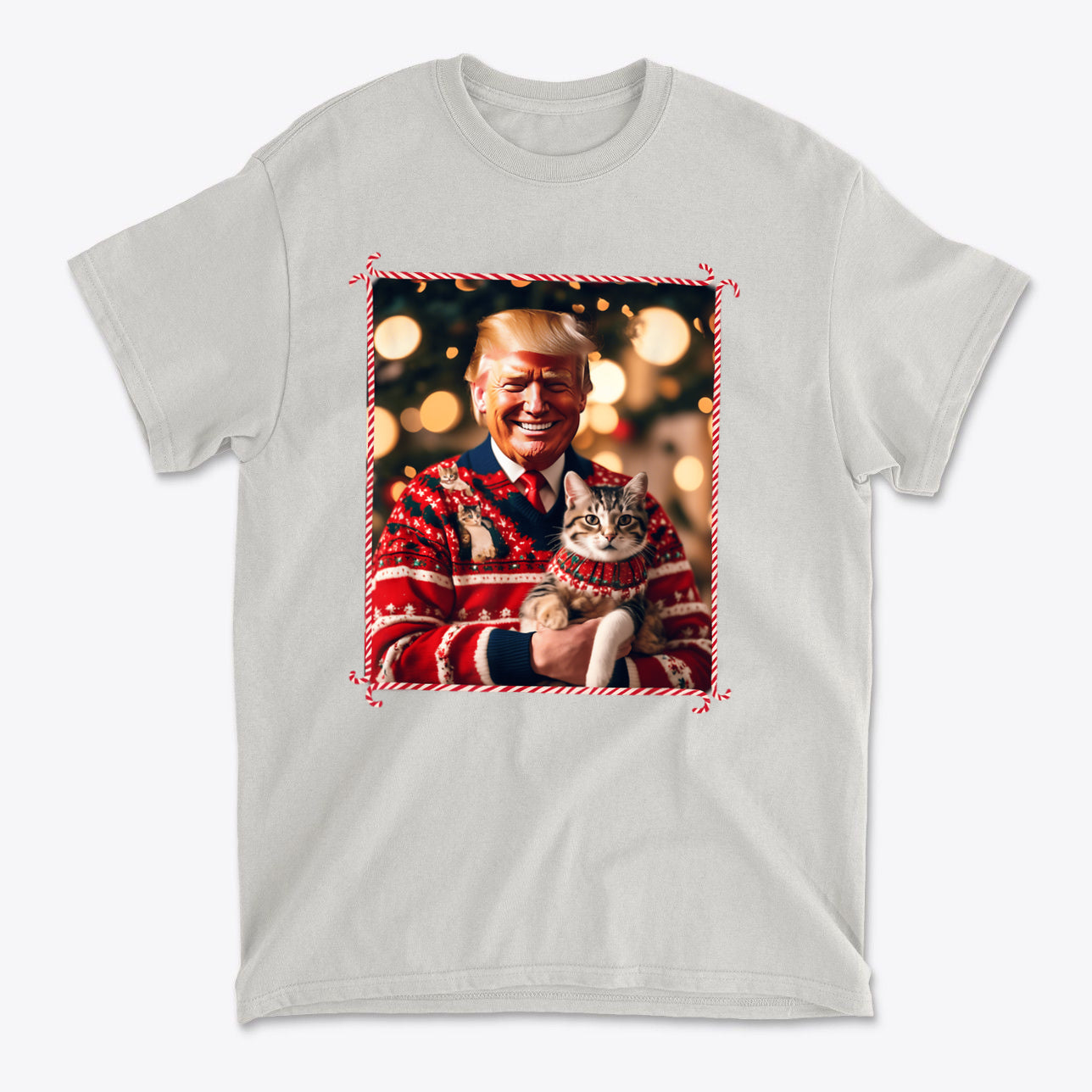 Trump Christmas Sweater For Cat Lovers featuring a smiling man in a Christmas sweater holding a cat.