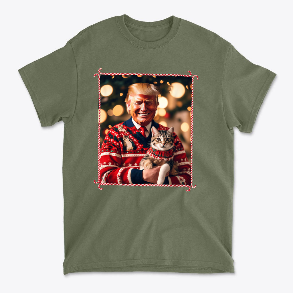 Trump Christmas Sweater For Cat Lovers featuring a smiling man in a festive sweater holding a cat.