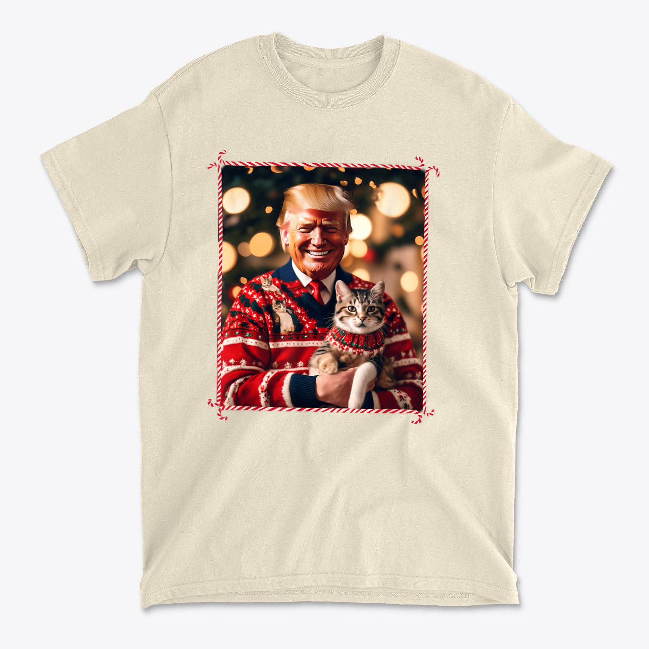 Trump Christmas Sweater For Cat Lovers featuring Trump holding a cat in a festive setting.