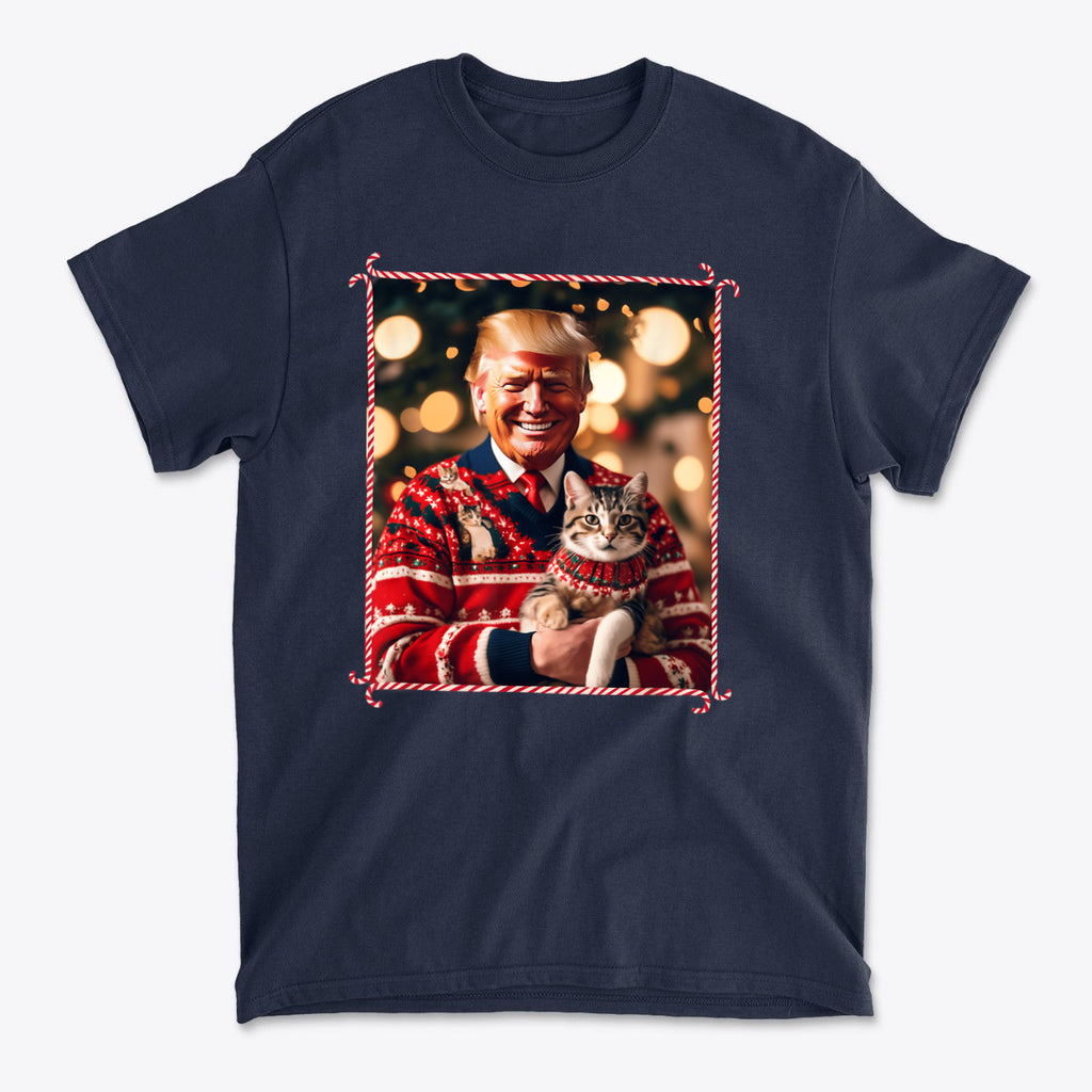 Trump Christmas Sweater For Cat Lovers featuring a smiling man in a festive sweater holding a cat.