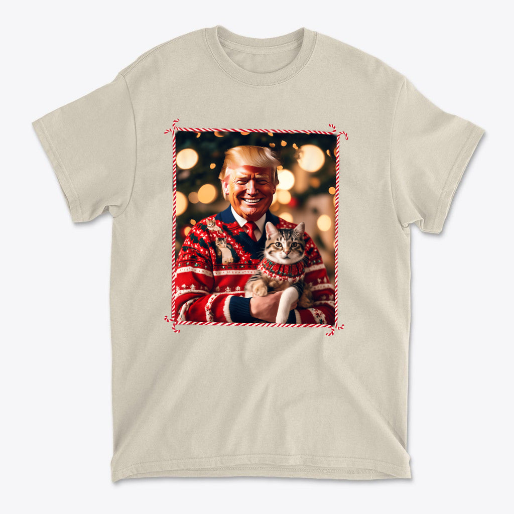 Trump Christmas Sweater For Cat Lovers featuring a smiling man in a festive sweater holding a cat.