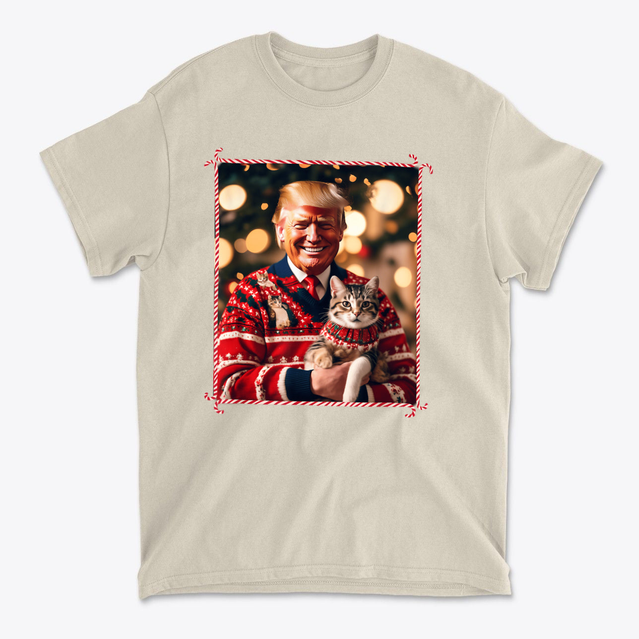 Trump Christmas Sweater For Cat Lovers featuring a smiling man in a festive sweater holding a cat.
