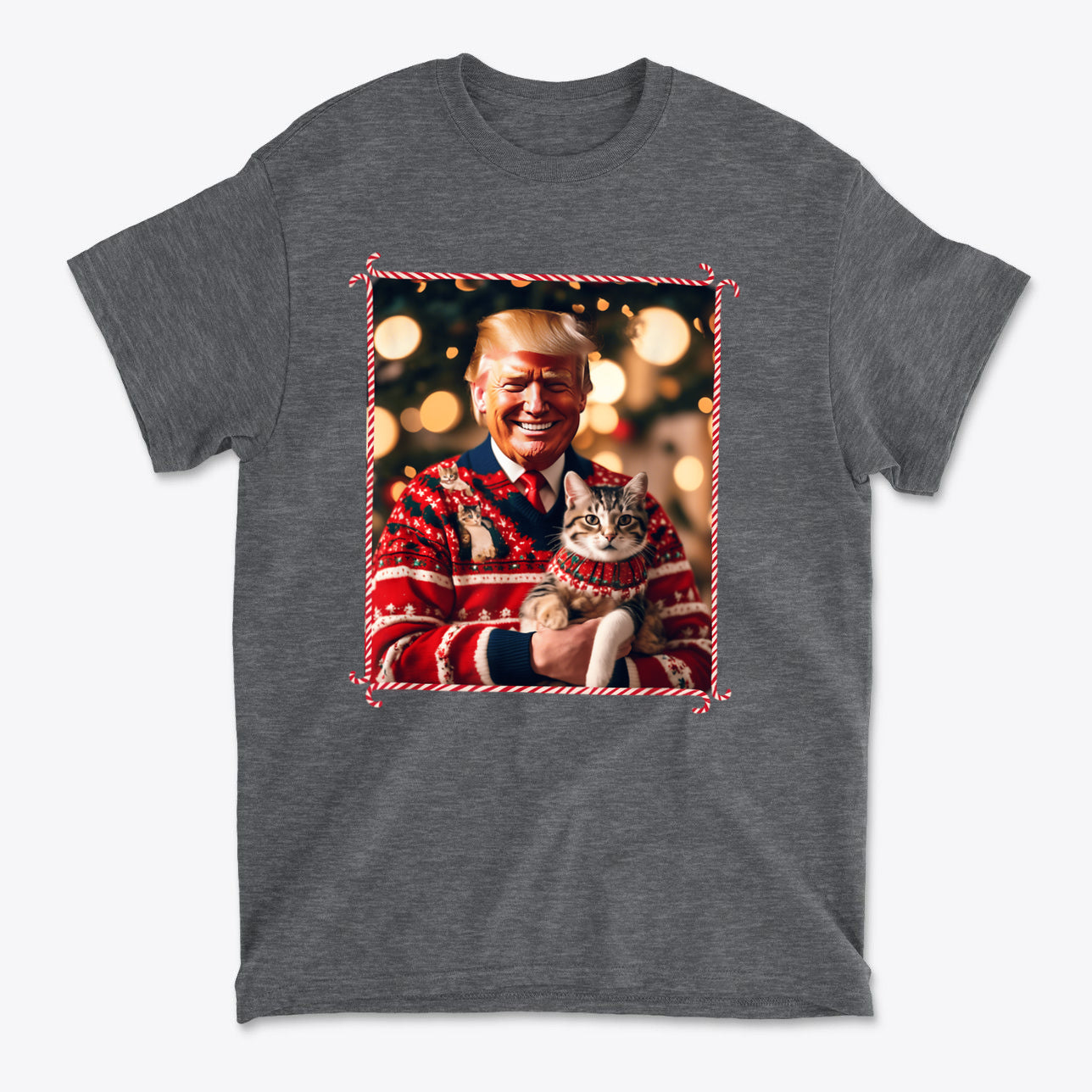 Trump Christmas Sweater For Cat Lovers featuring a smiling man holding a cat, festive background with lights.
