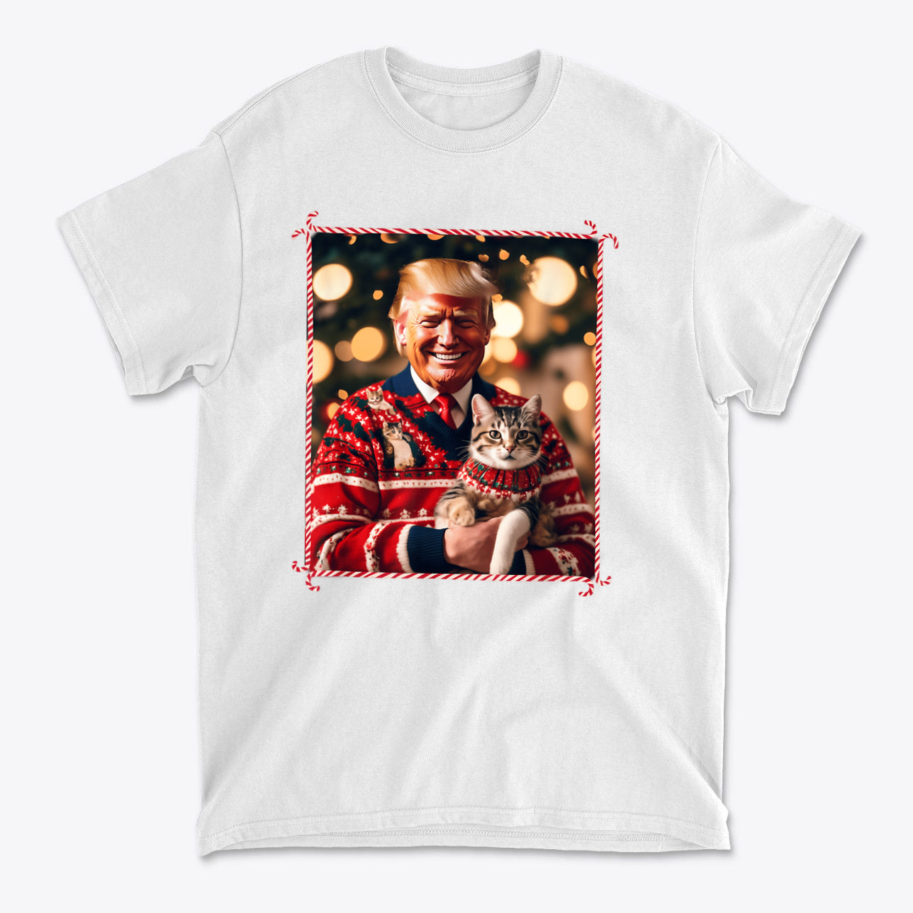 Trump Christmas Sweater For Cat Lovers featuring a smiling man in a festive sweater holding a cat.