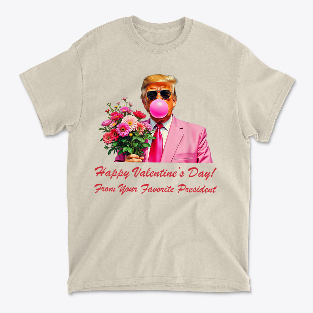 Happy Valentine's Day From Your Favorite President graphic t-shirt featuring a cartoon president with flowers and bubble gum.