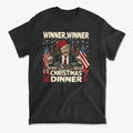 Winner Winner Christmas Dinner graphic t-shirt featuring a joyful character celebrating Christmas with patriotic symbols.