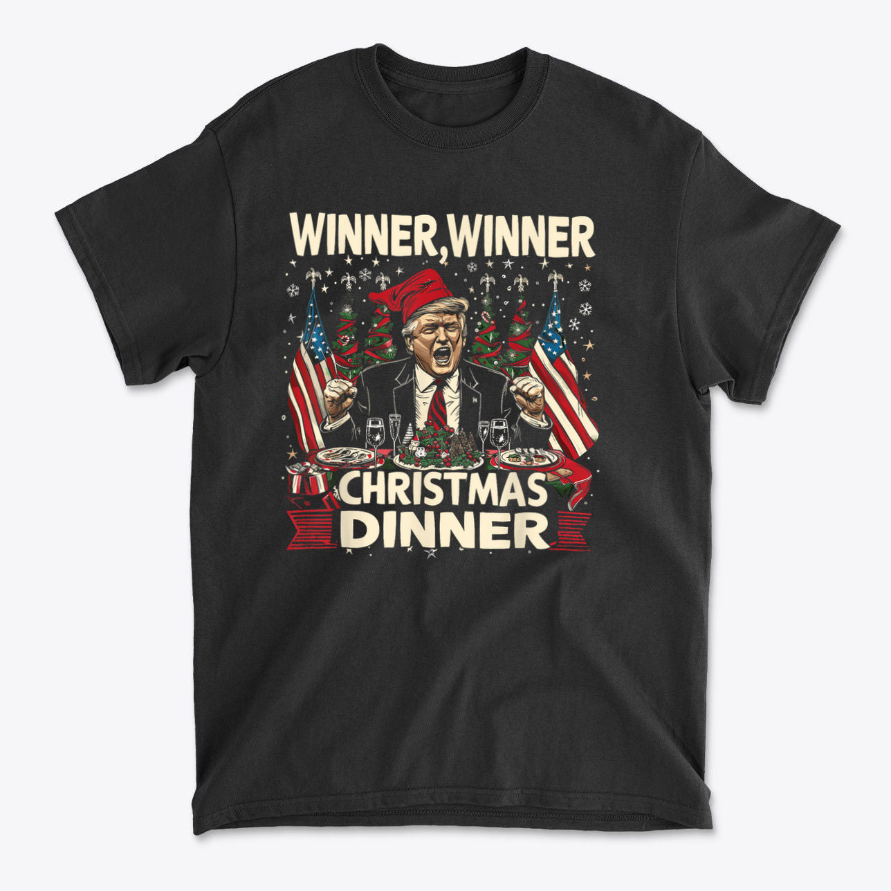 Winner Winner Christmas Dinner graphic t-shirt featuring a joyful character celebrating Christmas with patriotic symbols.