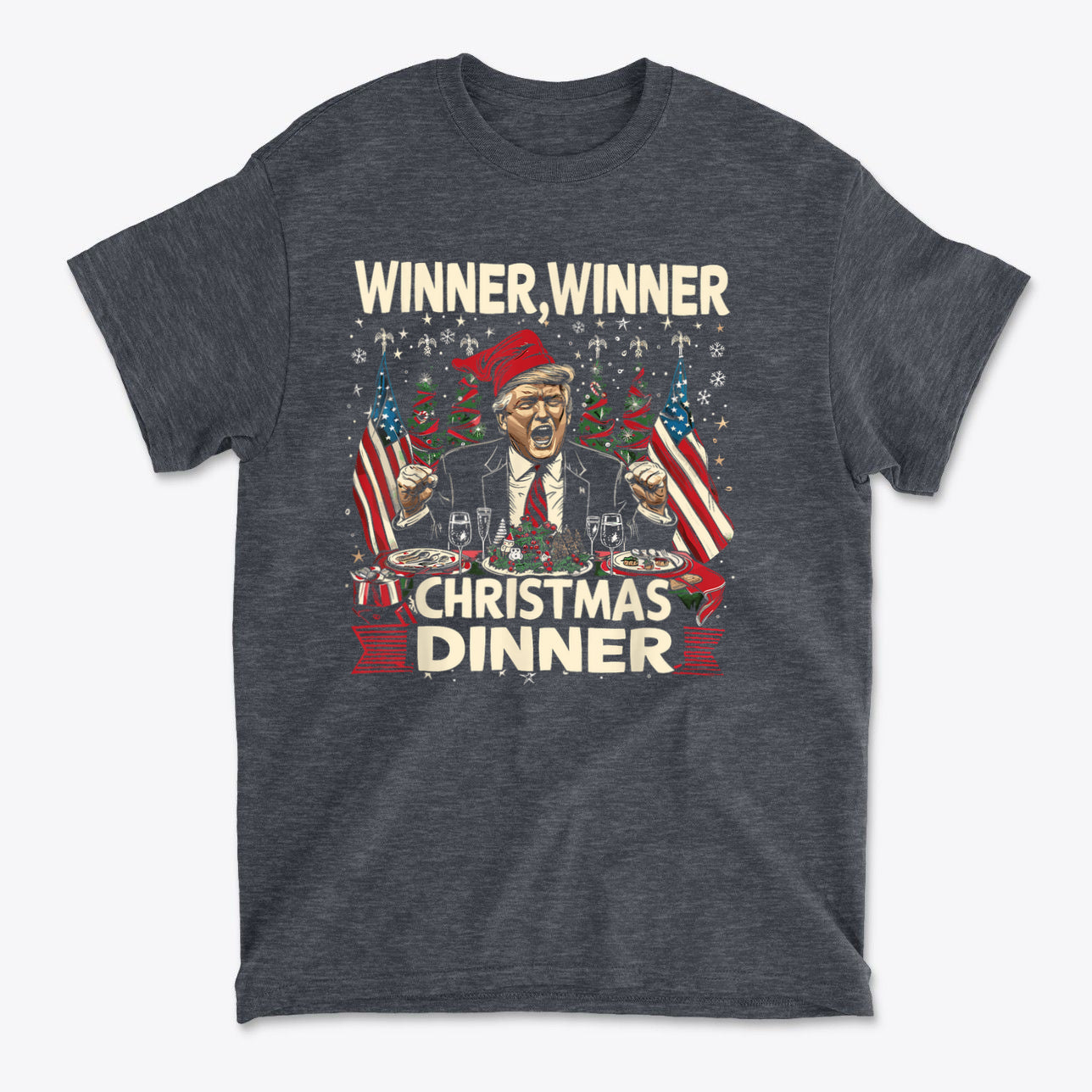 Winner Winner Christmas Dinner graphic t-shirt with patriotic design and Christmas theme.