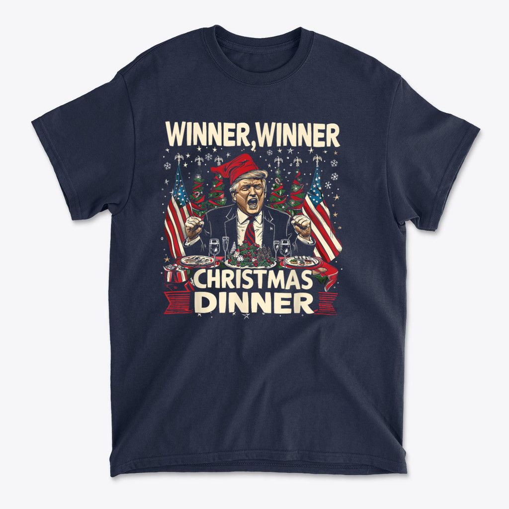 Winner Winner Christmas Dinner graphic t-shirt featuring festive design and patriotic theme.