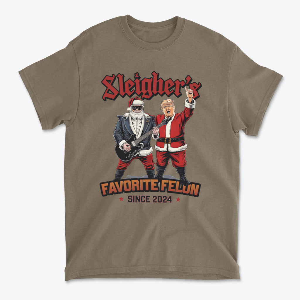 Sleigher's Favorite Felon Since 2024 graphic t-shirt featuring bold designs and a conservative message.