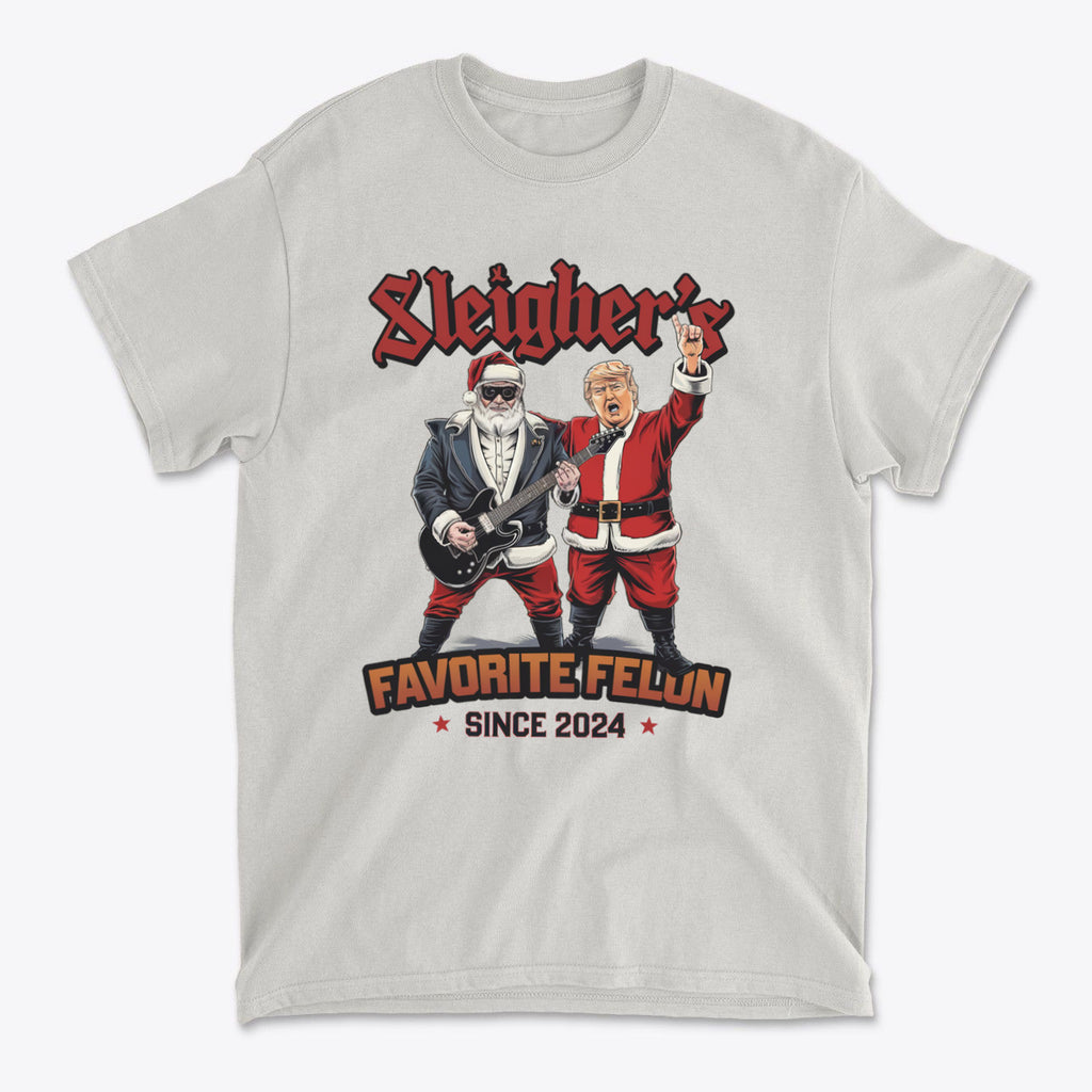 Sleigher's Favorite Felon Since 2024 graphic t-shirt featuring animated characters in festive attire.
