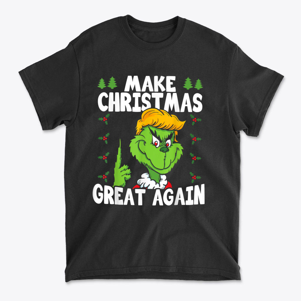 Make Christmas Great Again With The Grinch graphic t-shirt featuring a whimsical Grinch character and festive designs.