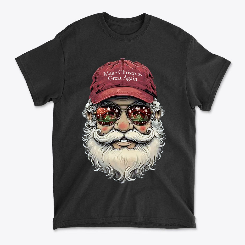 Make Christmas Great Again Santa With MAGA Hat graphic T-shirt featuring a vintage Santa design with sunglasses.
