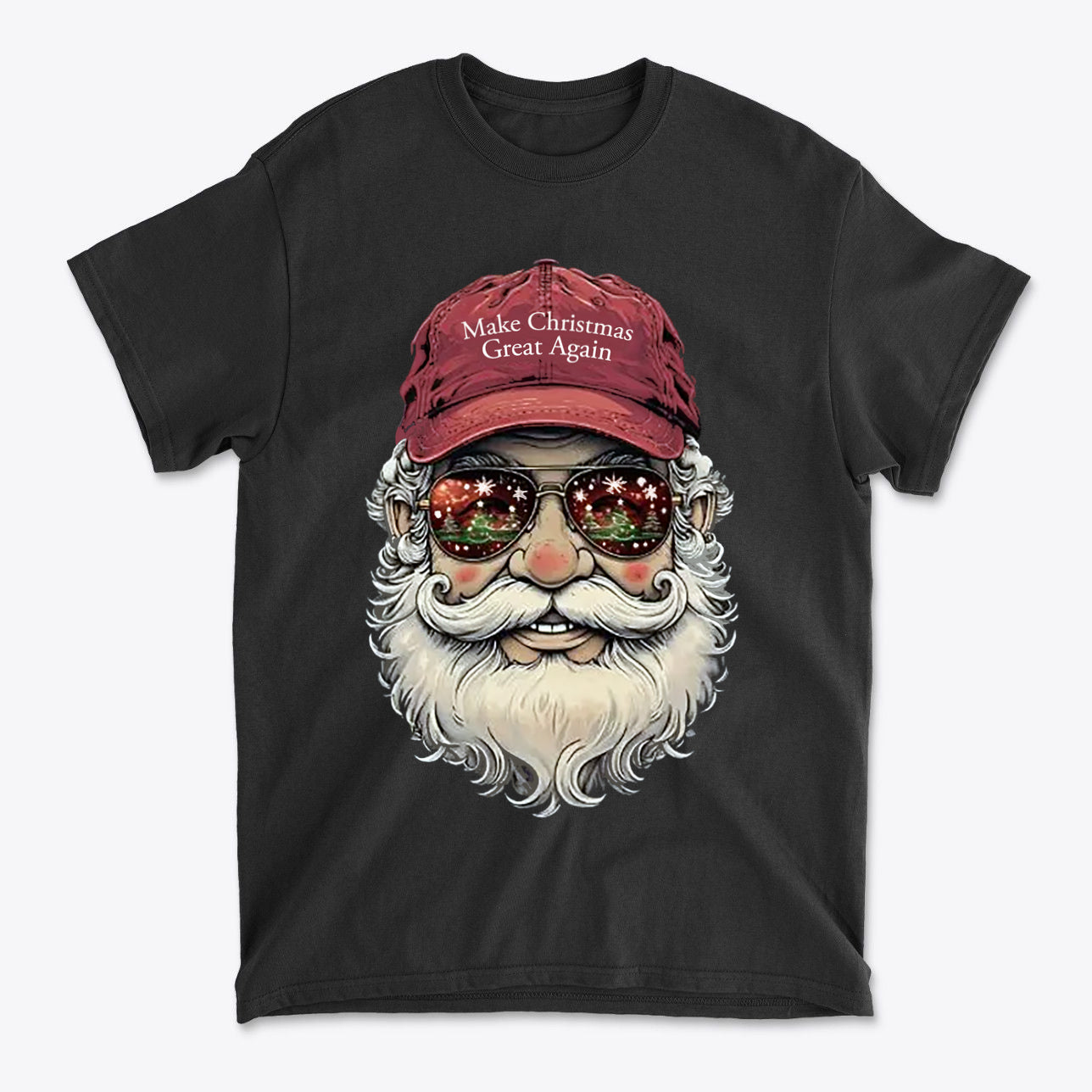 Make Christmas Great Again Santa With MAGA Hat graphic T-shirt featuring a vintage Santa design with sunglasses.