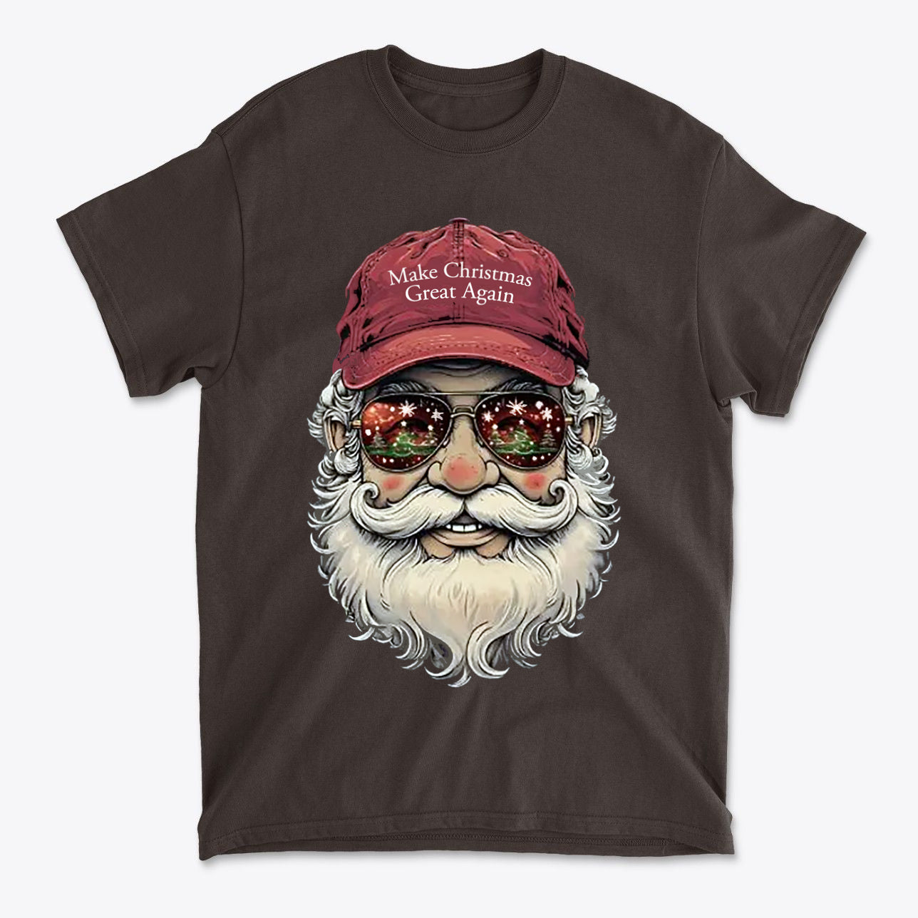 Make Christmas Great Again Santa With MAGA Hat graphic T-shirt featuring a Santa with sunglasses and a red hat.