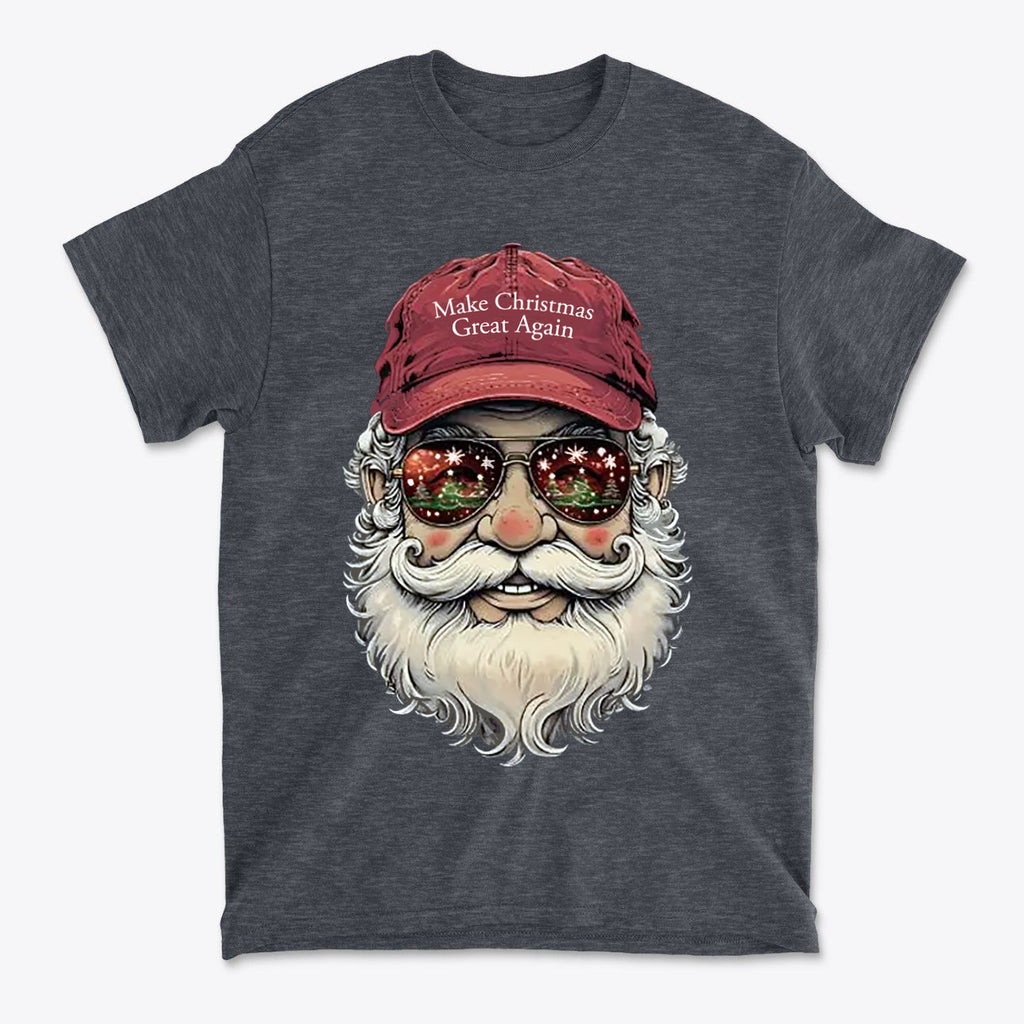 Make Christmas Great Again Santa With MAGA Hat graphic t-shirt featuring Santa in sunglasses and a red MAGA hat.