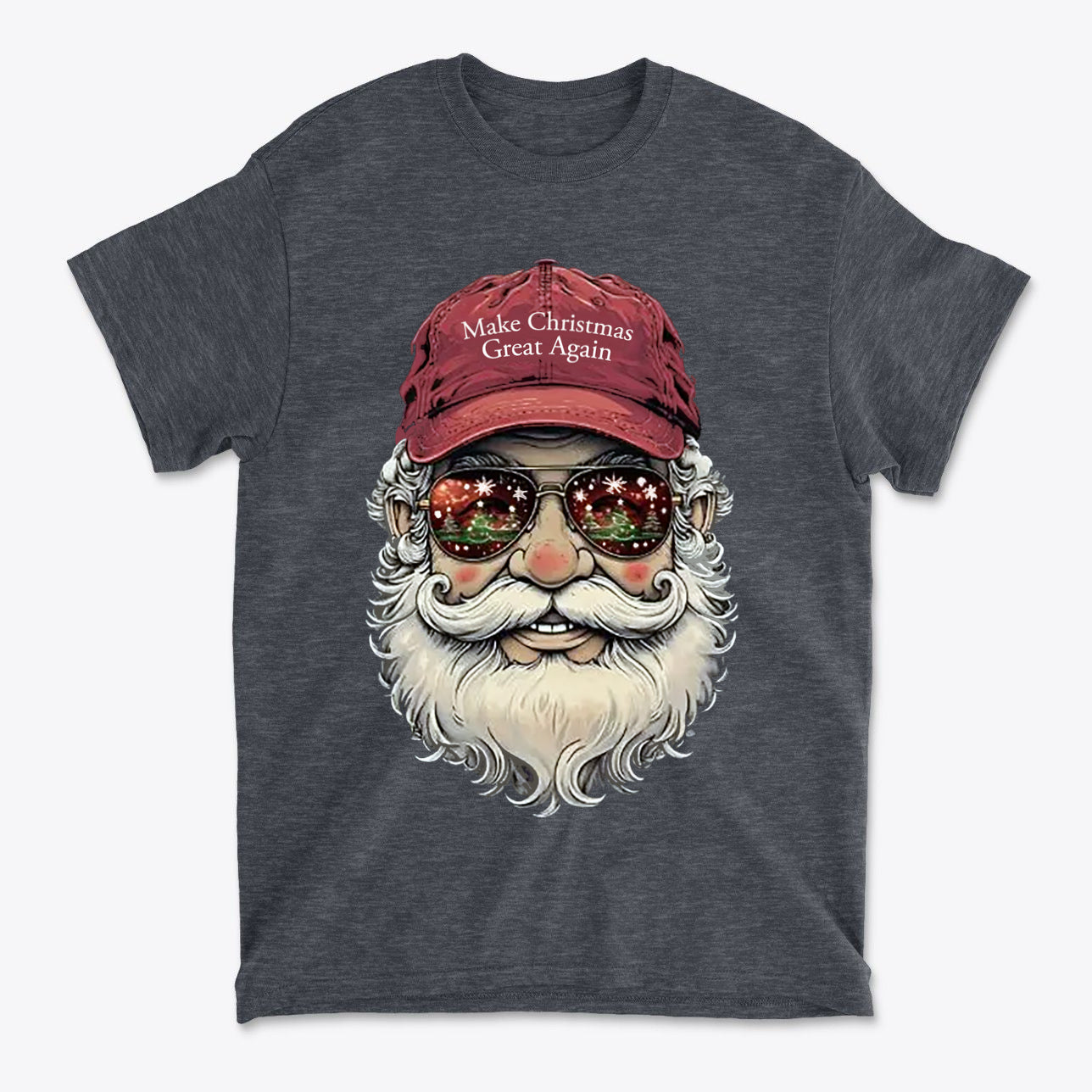 Make Christmas Great Again Santa With MAGA Hat graphic t-shirt featuring Santa in sunglasses and a red MAGA hat.