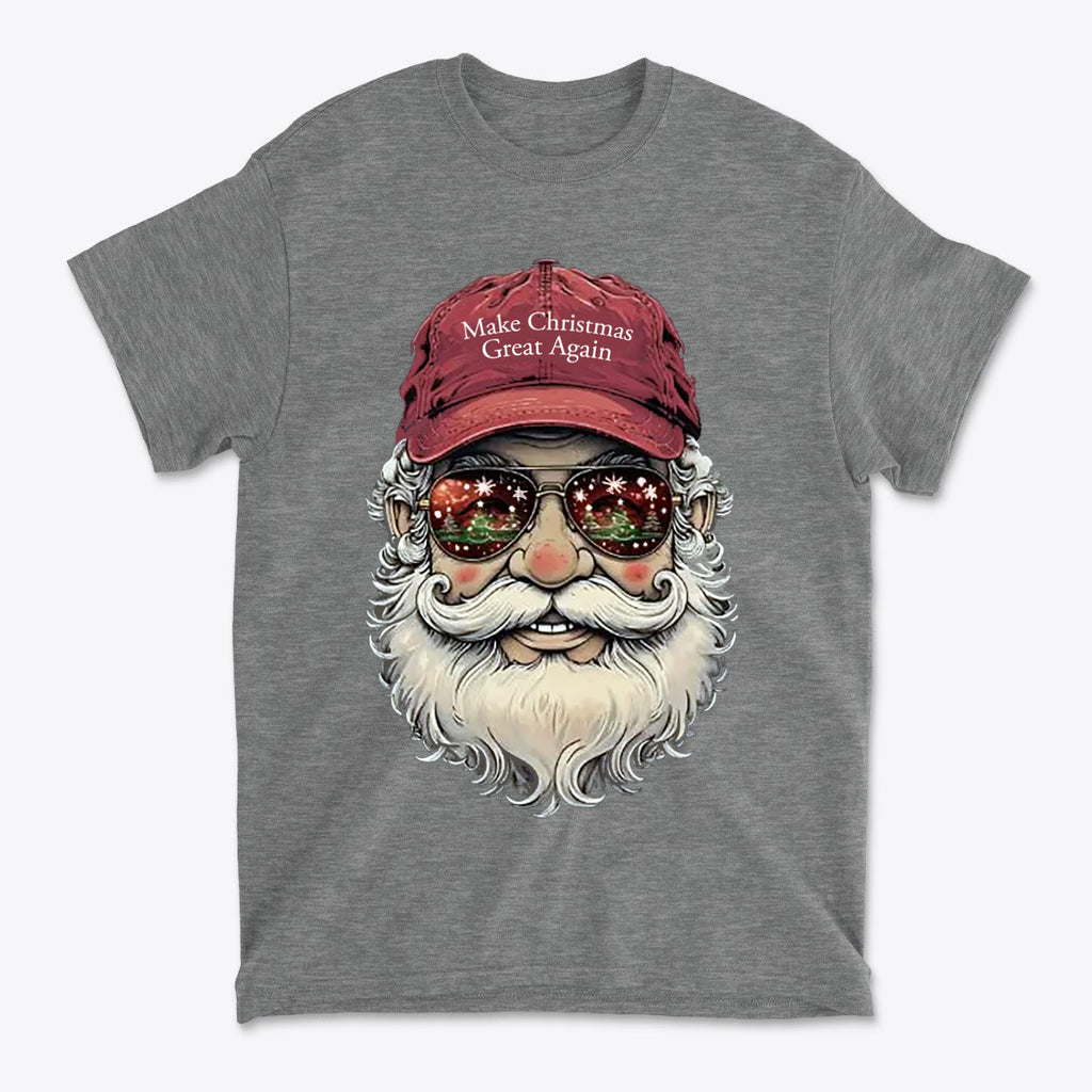 Make Christmas Great Again Santa With MAGA Hat graphic t-shirt featuring Santa with sunglasses and a festive background.