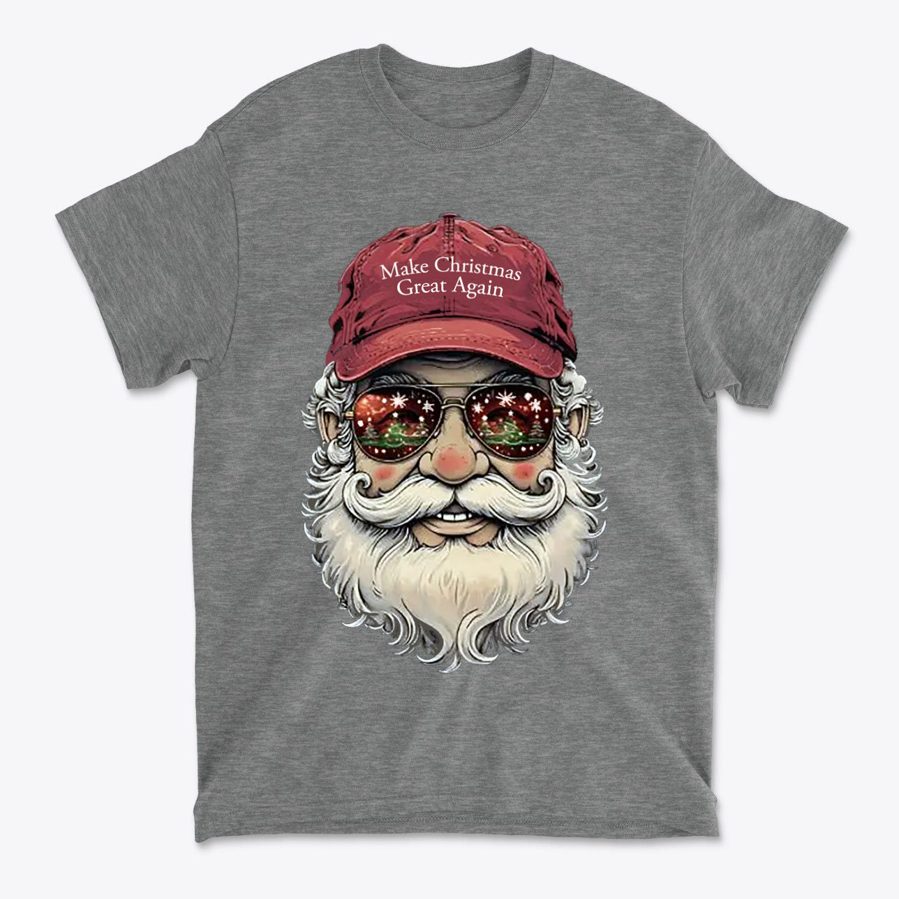 Make Christmas Great Again Santa With MAGA Hat graphic t-shirt featuring Santa with sunglasses and a festive background.