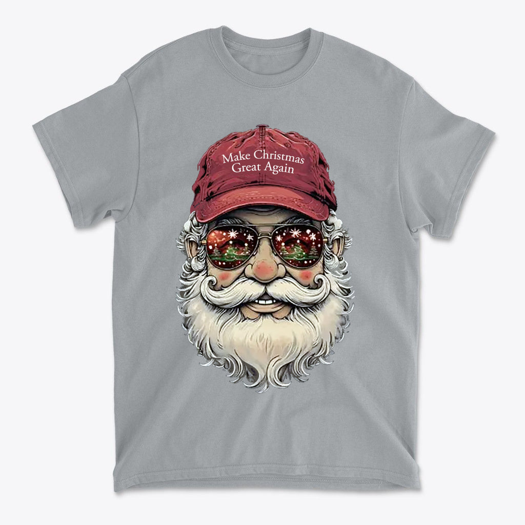 Make Christmas Great Again Santa With MAGA Hat graphic t-shirt featuring Santa wearing sunglasses and a red cap.