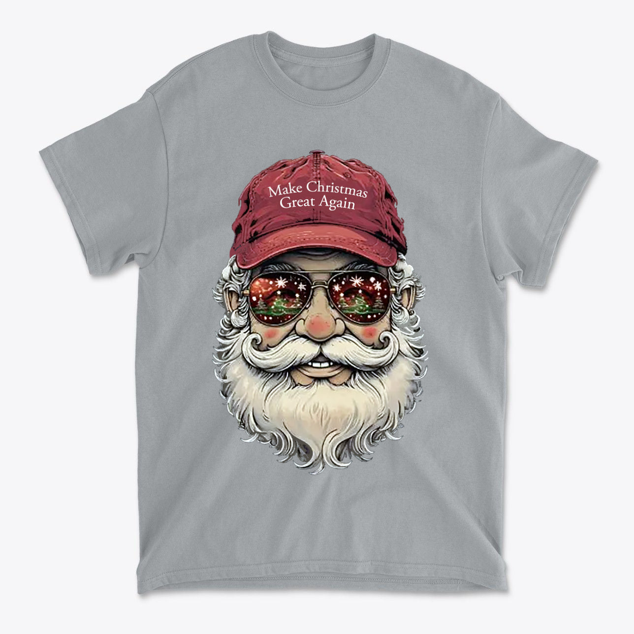 Make Christmas Great Again Santa With MAGA Hat graphic t-shirt featuring Santa wearing sunglasses and a red cap.