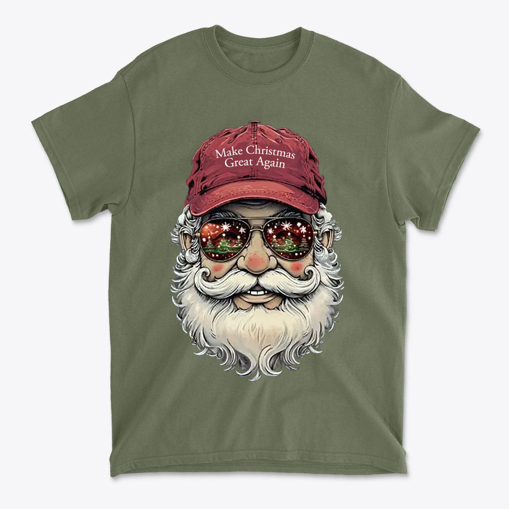 Make Christmas Great Again Santa With MAGA Hat graphic t-shirt featuring a Santa with sunglasses and a festive hat.