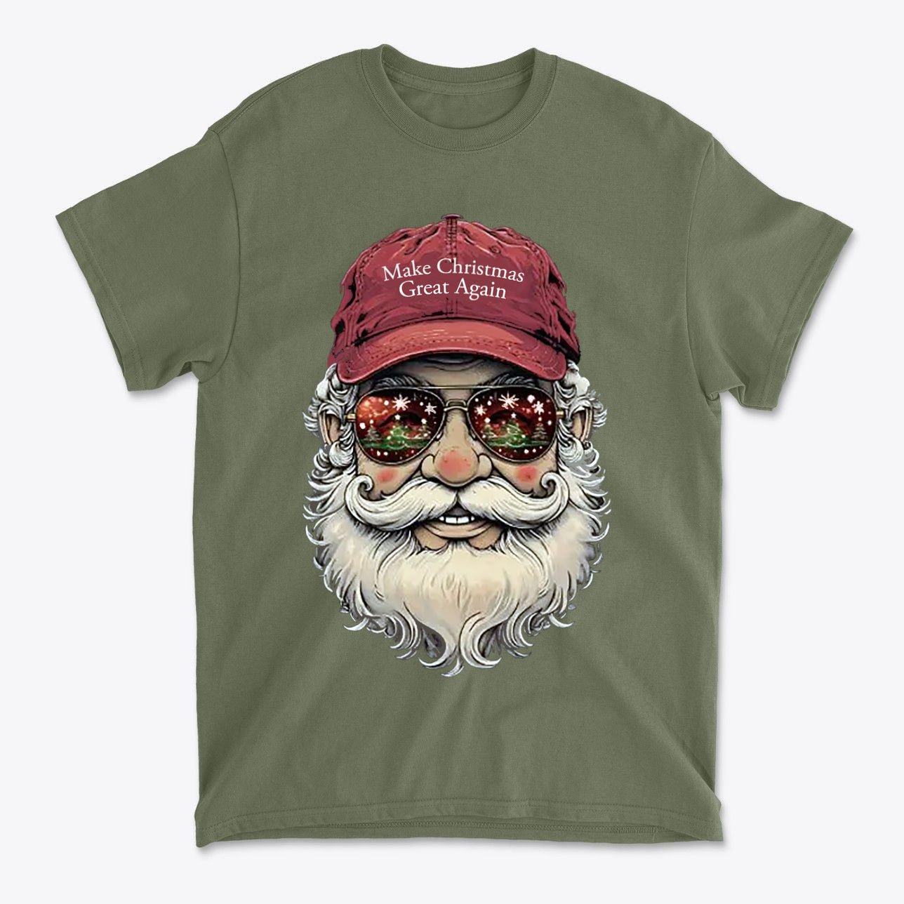 Make Christmas Great Again Santa With MAGA Hat graphic t-shirt featuring a Santa with sunglasses and a festive hat.