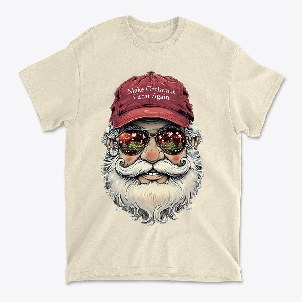 Make Christmas Great Again Santa With MAGA Hat graphic t-shirt featuring a Santa wearing sunglasses and a red cap.
