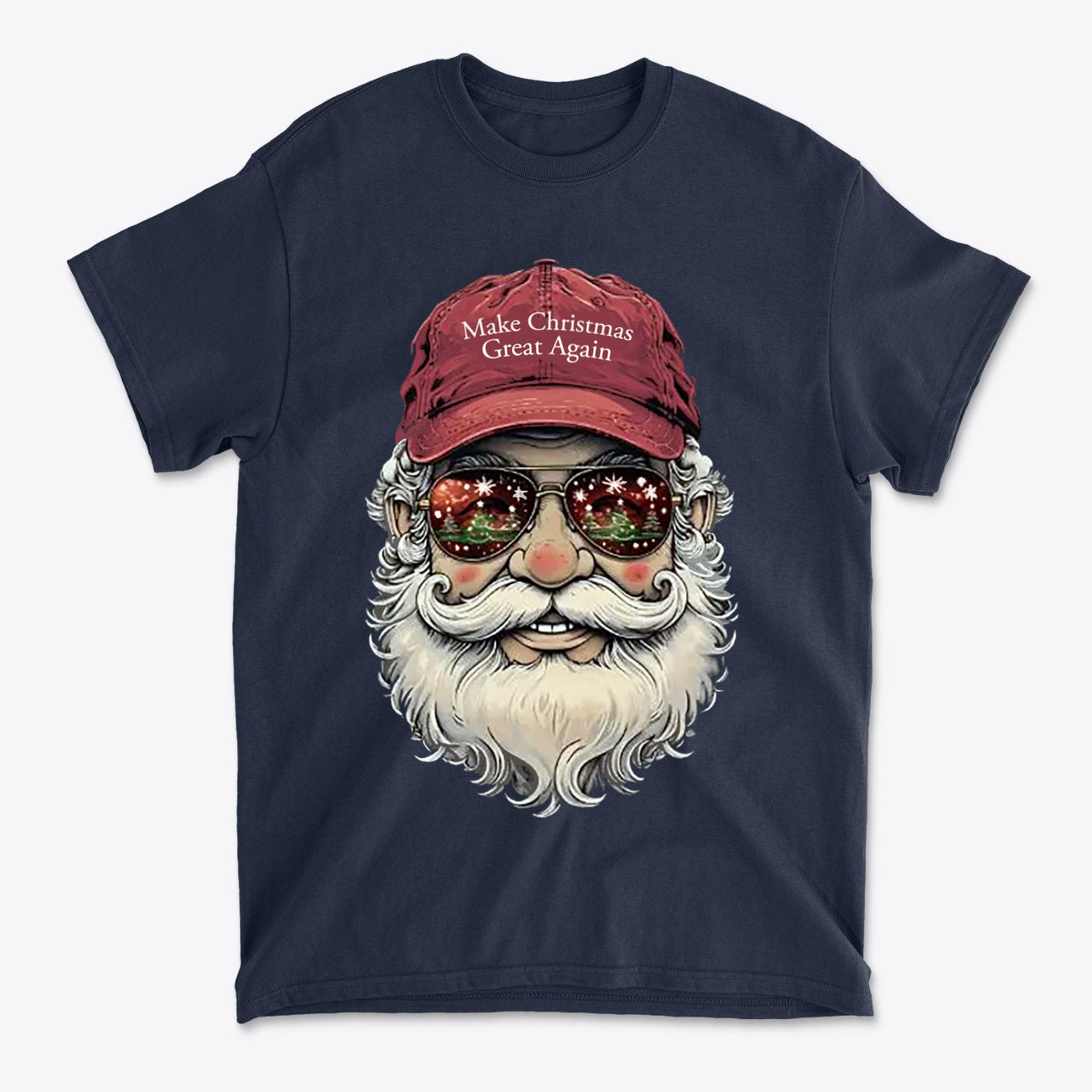 Make Christmas Great Again Santa With MAGA Hat graphic t-shirt featuring Santa with sunglasses and a red MAGA hat.