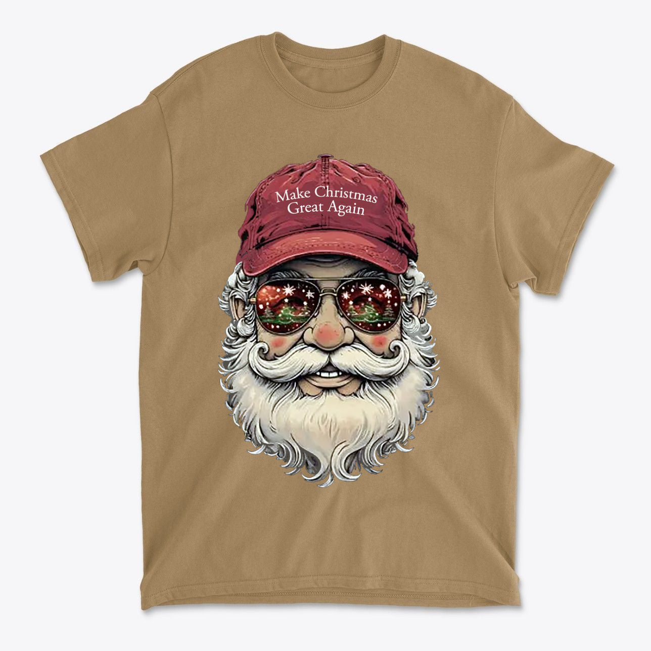 Make Christmas Great Again Santa With MAGA Hat graphic t-shirt design featuring a Santa wearing sunglasses.