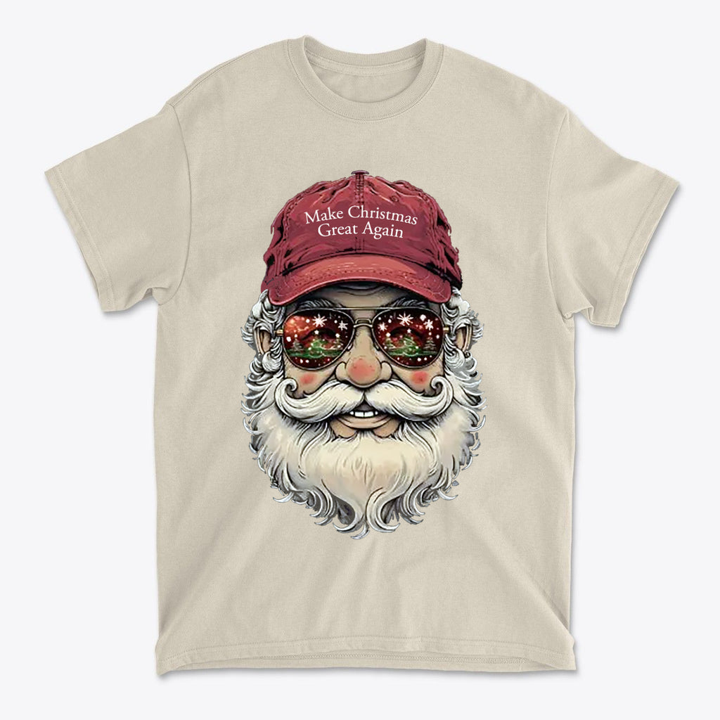 Make Christmas Great Again Santa With MAGA Hat graphic t-shirt featuring Santa in sunglasses and a red cap.