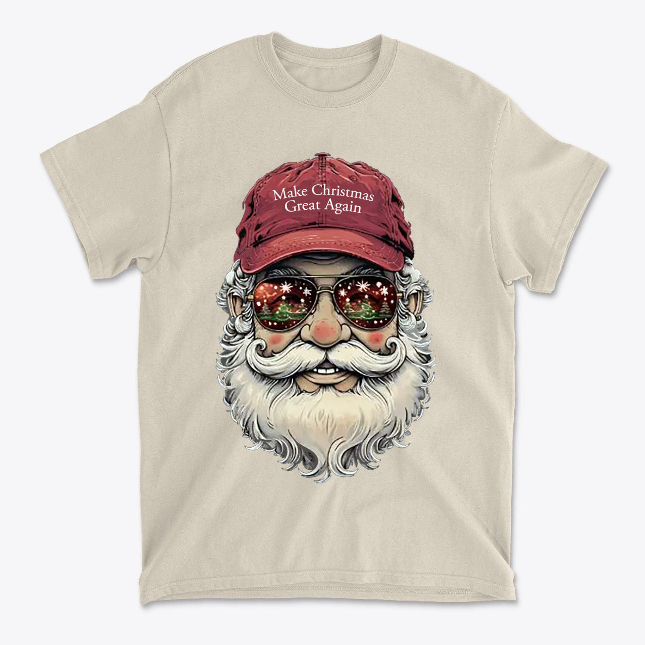 Make Christmas Great Again Santa With MAGA Hat graphic t-shirt featuring Santa in sunglasses and a red cap.