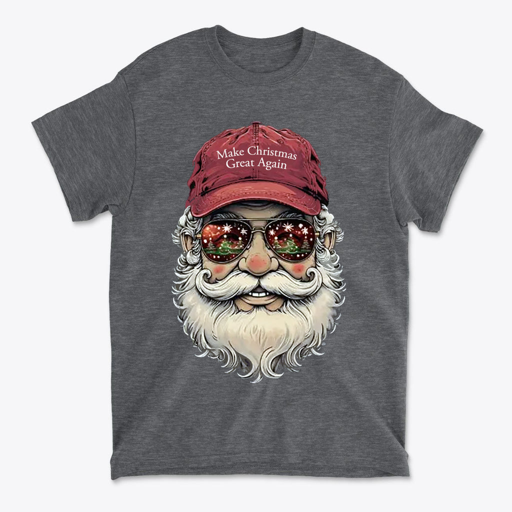 Make Christmas Great Again Santa With MAGA Hat graphic T-shirt featuring Santa with sunglasses and festive design.