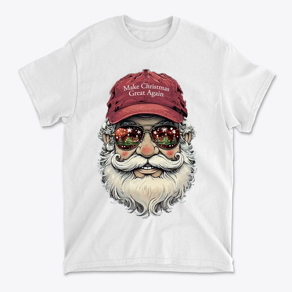 Make Christmas Great Again Santa With MAGA Hat graphic t-shirt featuring Santa in sunglasses and a red cap.