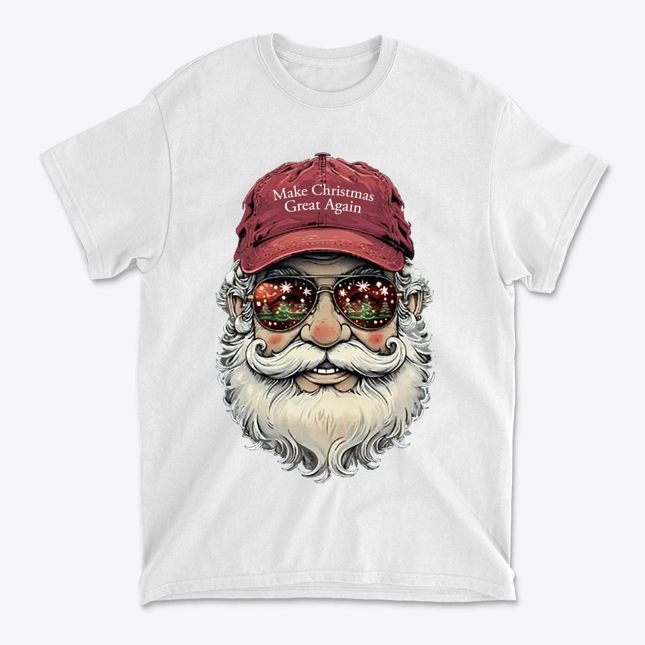 Make Christmas Great Again Santa With MAGA Hat graphic t-shirt featuring Santa in sunglasses and a red cap.