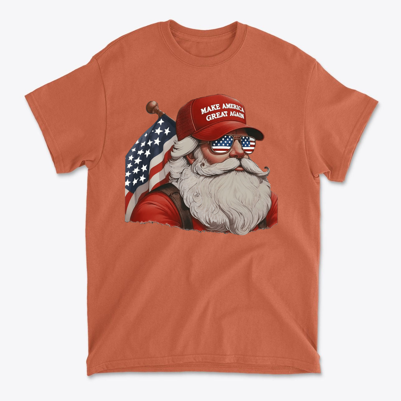 MAGA Santa With Flag Apparel Art - Graphic T-Shirt featuring Santa in sunglasses and a MAGA hat.