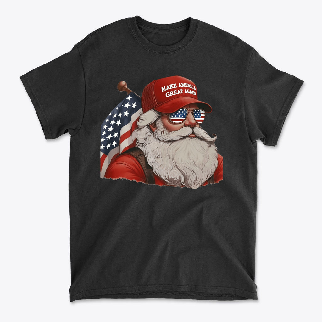 MAGA Santa With Flag Apparel Art featuring Santa in a red hat with sunglasses, holding an American flag on a graphic t-shirt.