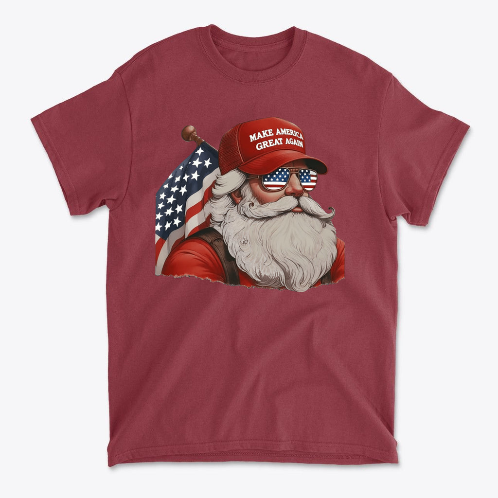 MAGA Santa With Flag Apparel Art featuring a Santa in a MAGA hat and sunglasses on a red t-shirt.