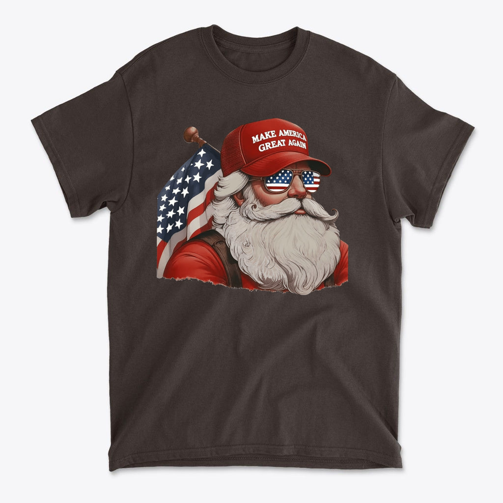MAGA Santa With Flag Apparel Art on a premium graphic t-shirt, showcasing a patriotic design with Santa and American flag.