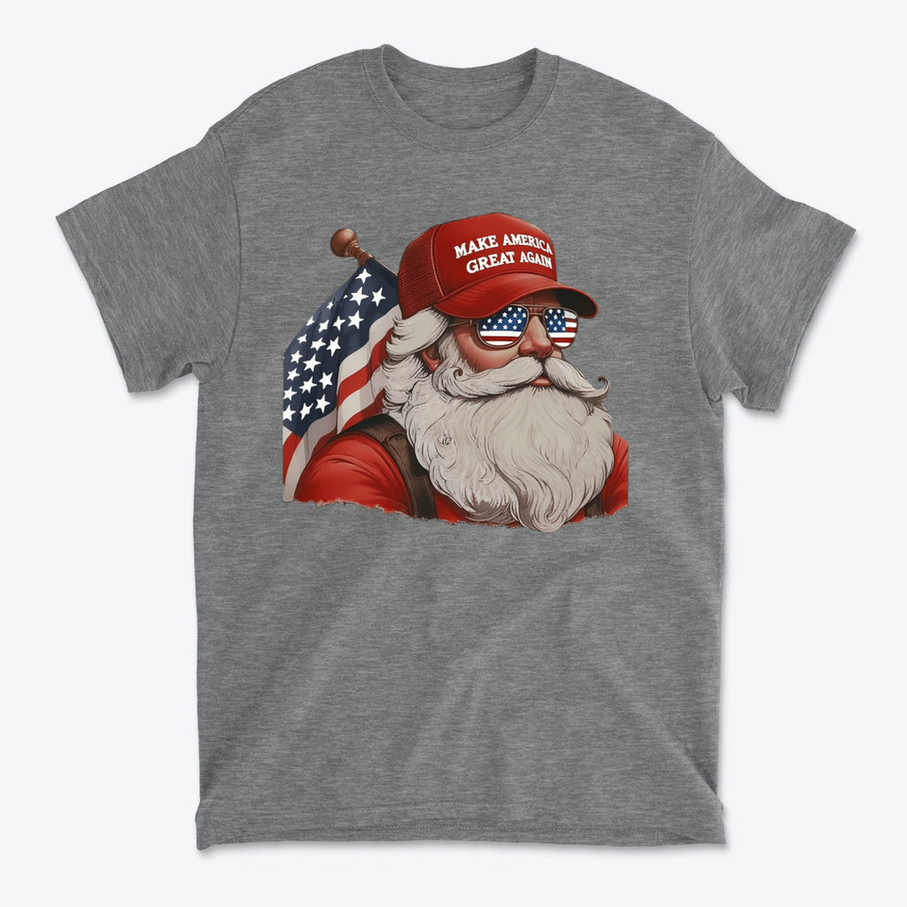 MAGA Santa With Flag Apparel Art featuring Santa in a red cap and sunglasses with an American flag.
