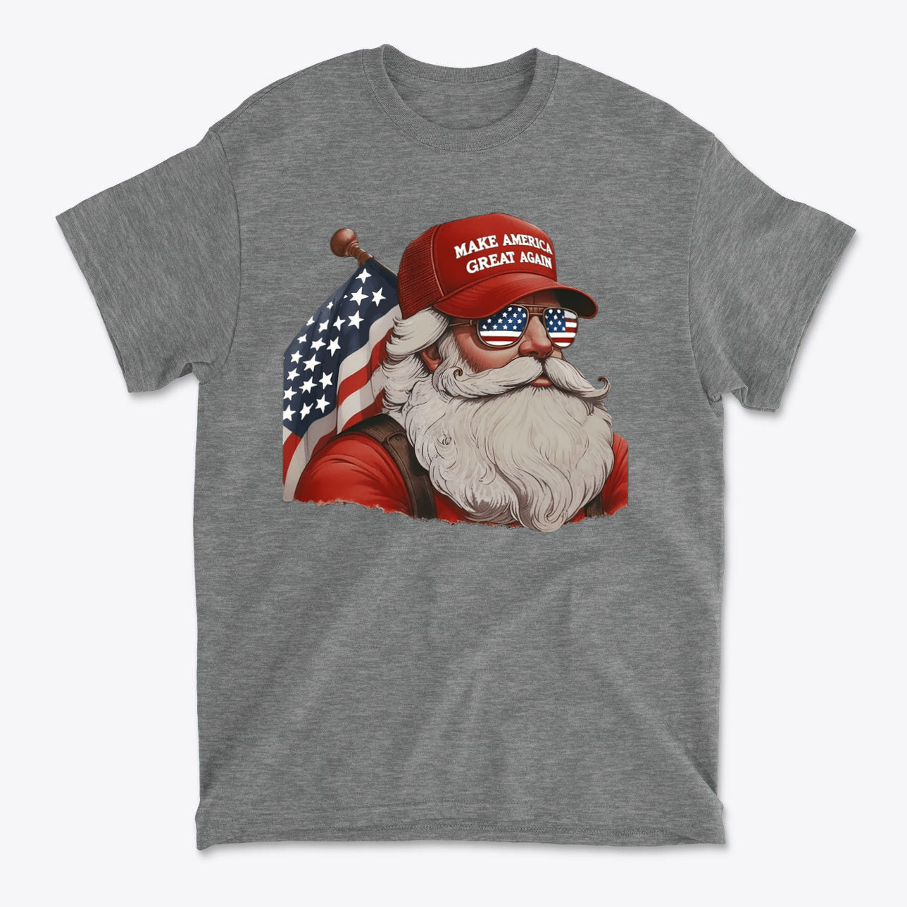 MAGA Santa With Flag Apparel Art featuring Santa in a red cap and sunglasses with an American flag.