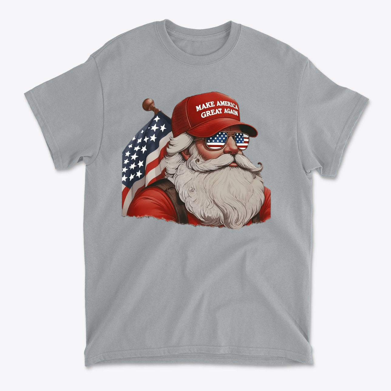 MAGA Santa With Flag Apparel Art on a gray t-shirt featuring Santa in a MAGA hat and American flag.